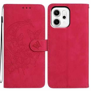 For OPPO Reno14 Pro 5G Global Moonlit Butterfly Dance Pattern Embossed Leather Phone Case(Rose Red)
