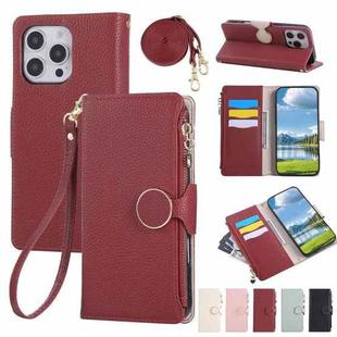 For iPhone 16 Pro Max Round Buckle Zipper Wallet Leather Phone Case with Crossbody Strap(Red)