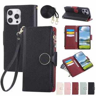 For iPhone 16 Pro Max Round Buckle Zipper Wallet Leather Phone Case with Crossbody Strap(Black)
