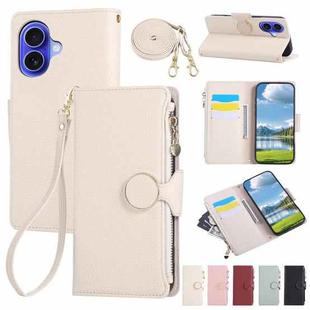 For iPhone 16 Plus Round Buckle Zipper Wallet Leather Phone Case with Crossbody Strap(White)