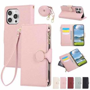 For iPhone 15 Pro Max Round Buckle Zipper Wallet Leather Phone Case with Crossbody Strap(Pink)