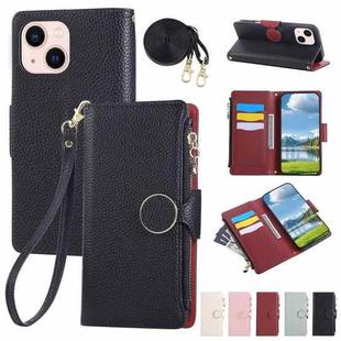 For iPhone 14 Plus Round Buckle Zipper Wallet Leather Phone Case with Crossbody Strap(Black)