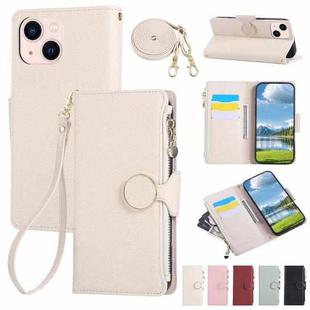 For iPhone 14 Round Buckle Zipper Wallet Leather Phone Case with Crossbody Strap(White)
