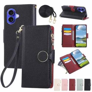 For iPhone 16 Round Buckle Zipper Wallet Leather Phone Case with Crossbody Strap(Black)