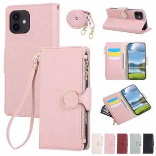 For iPhone 12 / 12 Pro Round Buckle Zipper Wallet Leather Phone Case with Crossbody Strap(Pink)