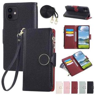 For iPhone 12 / 12 Pro Round Buckle Zipper Wallet Leather Phone Case with Crossbody Strap(Black)