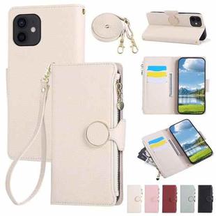 For iPhone 12 / 12 Pro Round Buckle Zipper Wallet Leather Phone Case with Crossbody Strap(White)