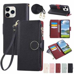 For iPhone 11 Pro Max Round Buckle Zipper Wallet Leather Phone Case with Crossbody Strap(Black)
