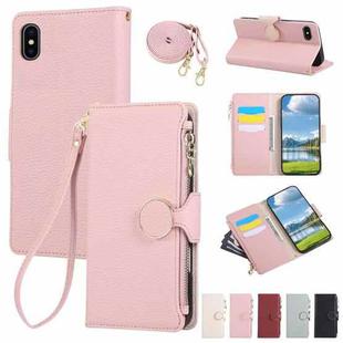 For iPhone X / XS Round Buckle Zipper Wallet Leather Phone Case with Crossbody Strap(Pink)