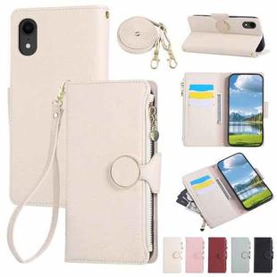 For iPhone XR Round Buckle Zipper Wallet Leather Phone Case with Crossbody Strap(White)