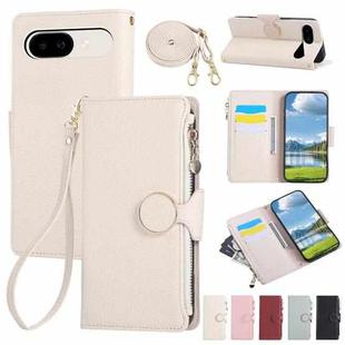 For Google Pixel 9a Round Buckle Zipper Wallet Leather Phone Case with Crossbody Strap(White)