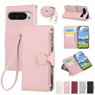 For Google Pixel 9 / 9 Pro Round Buckle Zipper Wallet Leather Phone Case with Crossbody Strap(Pink)