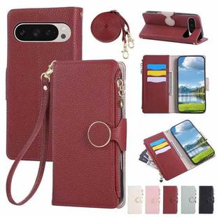 For Google Pixel 9 / 9 Pro Round Buckle Zipper Wallet Leather Phone Case with Crossbody Strap(Red)