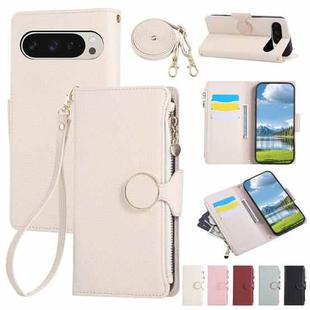 For Google Pixel 9 / 9 Pro Round Buckle Zipper Wallet Leather Phone Case with Crossbody Strap(White)