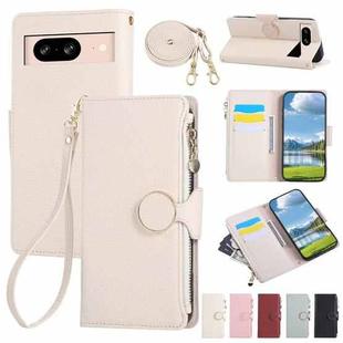For Google Pixel 8 Round Buckle Zipper Wallet Leather Phone Case with Crossbody Strap(White)