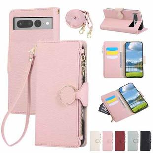 For Google Pixel 7 Pro Round Buckle Zipper Wallet Leather Phone Case with Crossbody Strap(Pink)