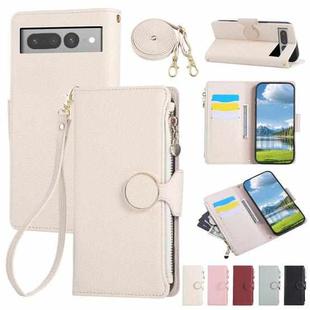 For Google Pixel 7 Pro Round Buckle Zipper Wallet Leather Phone Case with Crossbody Strap(White)