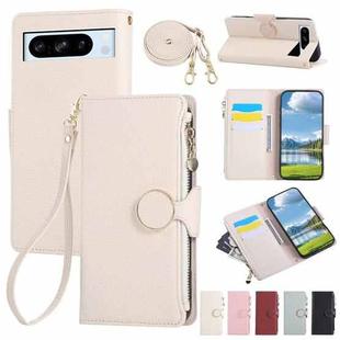 For Google Pixel 8 Pro Round Buckle Zipper Wallet Leather Phone Case with Crossbody Strap(White)