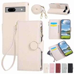 For Google Pixel 7a Round Buckle Zipper Wallet Leather Phone Case with Crossbody Strap(White)