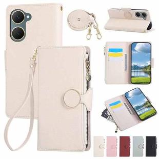 For vivo Y03 4G / Y18 / Y28s Round Buckle Zipper Wallet Leather Phone Case with Crossbody Strap(White)