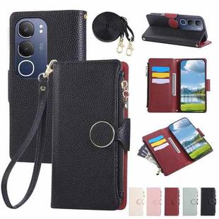 For vivo Y19s / Y29 5G Round Buckle Zipper Wallet Leather Phone Case with Crossbody Strap(Black)