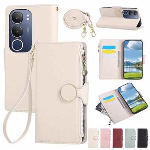 For vivo Y19s / Y29 5G Round Buckle Zipper Wallet Leather Phone Case with Crossbody Strap(White)