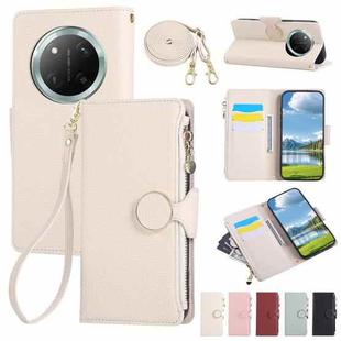 For Honor X60 Pro Round Buckle Zipper Wallet Leather Phone Case with Crossbody Strap(White)