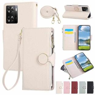For OPPO A57 / A77 5G Global Round Buckle Zipper Wallet Leather Phone Case with Crossbody Strap(White)