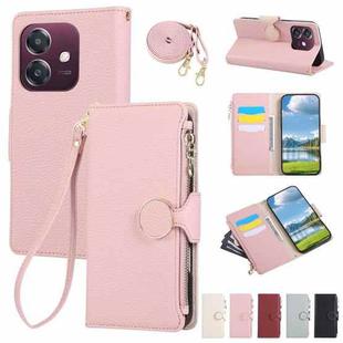 For OPPO A3x / A3 5G / 4G Round Buckle Zipper Wallet Leather Phone Case with Crossbody Strap(Pink)