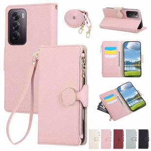 For OPPO Reno12 Pro Global Round Buckle Zipper Wallet Leather Phone Case with Crossbody Strap(Pink)