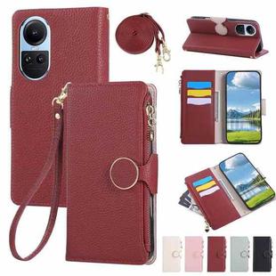 For OPPO Reno10 /10 Pro Global Round Buckle Zipper Wallet Leather Phone Case with Crossbody Strap(Red)