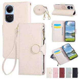 For OPPO Reno10 /10 Pro Global Round Buckle Zipper Wallet Leather Phone Case with Crossbody Strap(White)