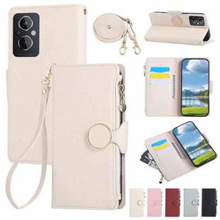 For OPPO F21 Pro 5G Global  Round Buckle Zipper Wallet Leather Phone Case with Crossbody Strap(White)