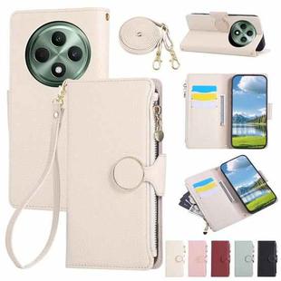 For OPPO Reno12 F Round Buckle Zipper Wallet Leather Phone Case with Crossbody Strap(White)