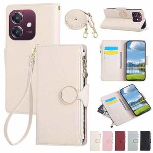 For OPPO A3 Pro India / A80 5G Round Buckle Zipper Wallet Leather Phone Case with Crossbody Strap(White)