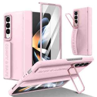 For Samsung Galaxy Z Fold4 Film Integrated Lens Frame Bracket Phone Case with Wristband(Pink)