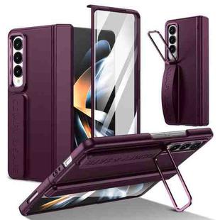 For Samsung Galaxy Z Fold4 Film Integrated Lens Frame Bracket Phone Case with Wristband(Wine Red)