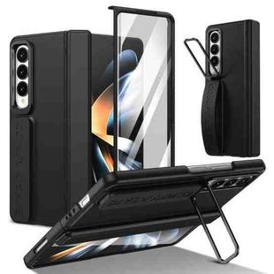 For Samsung Galaxy Z Fold4 Film Integrated Lens Frame Bracket Phone Case with Wristband(Black)