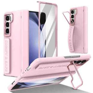 For Samsung Galaxy Z Fold5 Film Integrated Lens Frame Bracket Phone Case with Wristband(Pink)