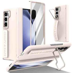 For Samsung Galaxy Z Fold5 Film Integrated Lens Frame Bracket Phone Case with Wristband(Apricot)