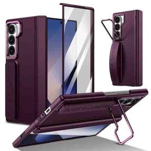 For Samsung Galaxy Z Fold6 Film Integrated Lens Frame Bracket Phone Case with Wristband(Wine Red)