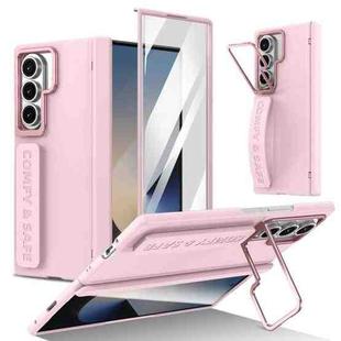 For Samsung Galaxy Z Fold7 Film Integrated Lens Frame Bracket Phone Case with Wristband(Pink)