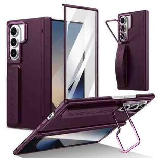 For Samsung Galaxy Z Fold7 Film Integrated Lens Frame Bracket Phone Case with Wristband(Wine Red)