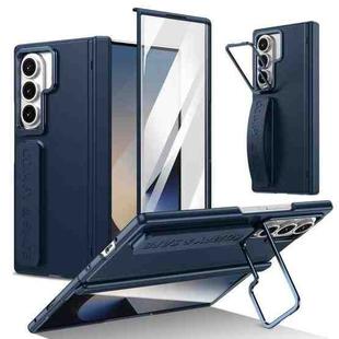 For Samsung Galaxy Z Fold7 Film Integrated Lens Frame Bracket Phone Case with Wristband(Dark Blue)