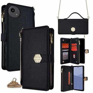 For Sharp Aqous wish5 Crossbody Handle Cross Texture Leather Phone Case(Black)