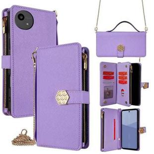 For Sharp Aqous wish5 Crossbody Handle Cross Texture Leather Phone Case(Purple)