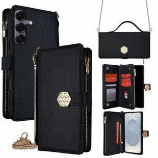 For Samsung Galaxy S25 5G Crossbody Handle Cross Texture Leather Phone Case(Black)