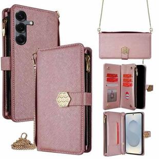For Samsung Galaxy S25 5G Crossbody Handle Cross Texture Leather Phone Case(Rose Gold)