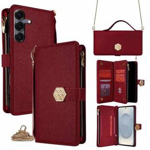 For Samsung Galaxy S25 5G Crossbody Handle Cross Texture Leather Phone Case(Red)