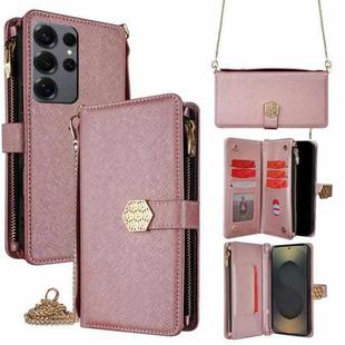For Samsung Galaxy S25 Ultra 5G Crossbody Handle Cross Texture Leather Phone Case(Rose Gold)